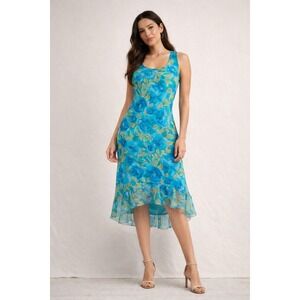 CDC Petites Blue Floral Chiffon Slit Midi Dress Size 10 Ruffle Hem Y2K Romantic